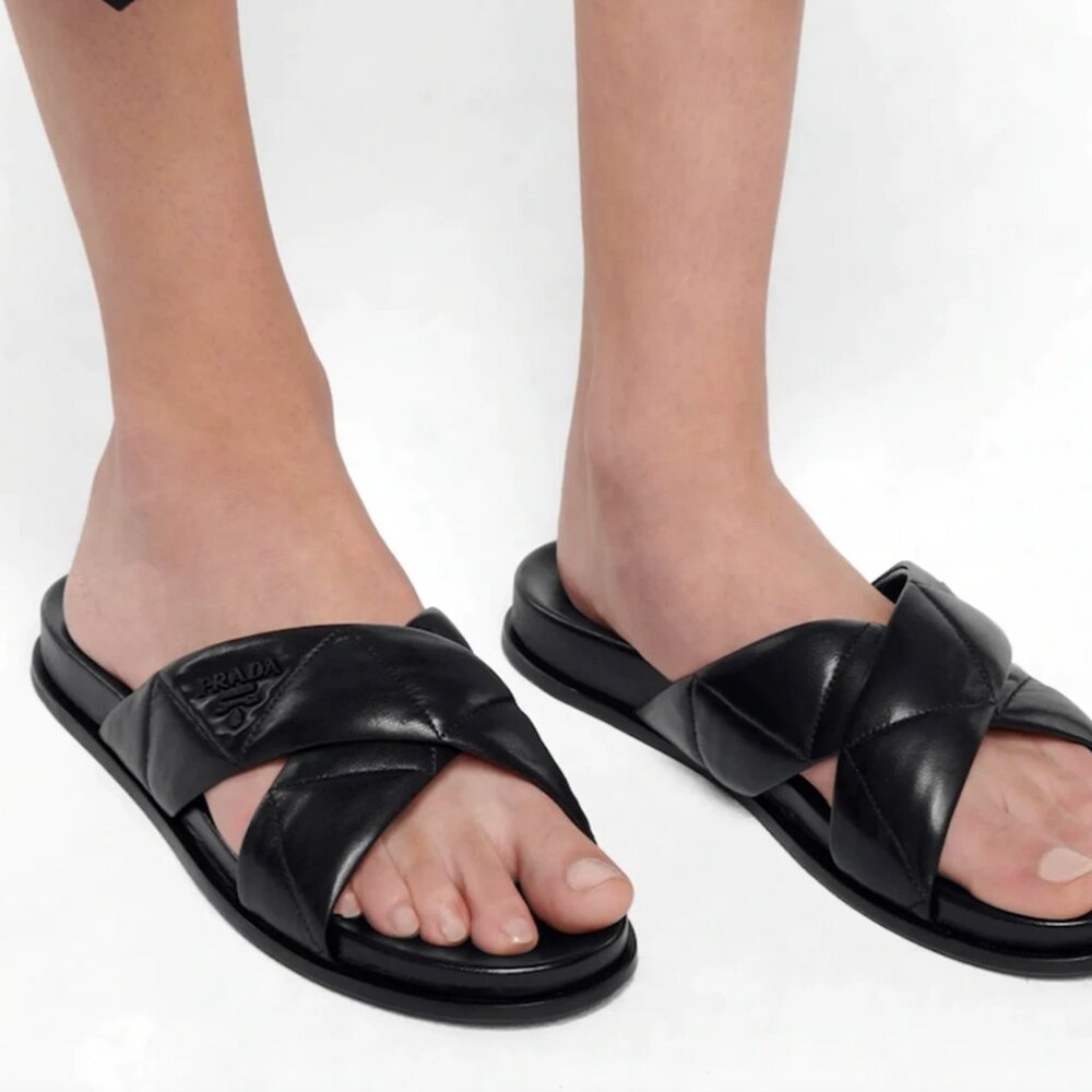 Prada - Quilted Crossband Nappa Leather Sandals - Black - Picture 3 of 7
